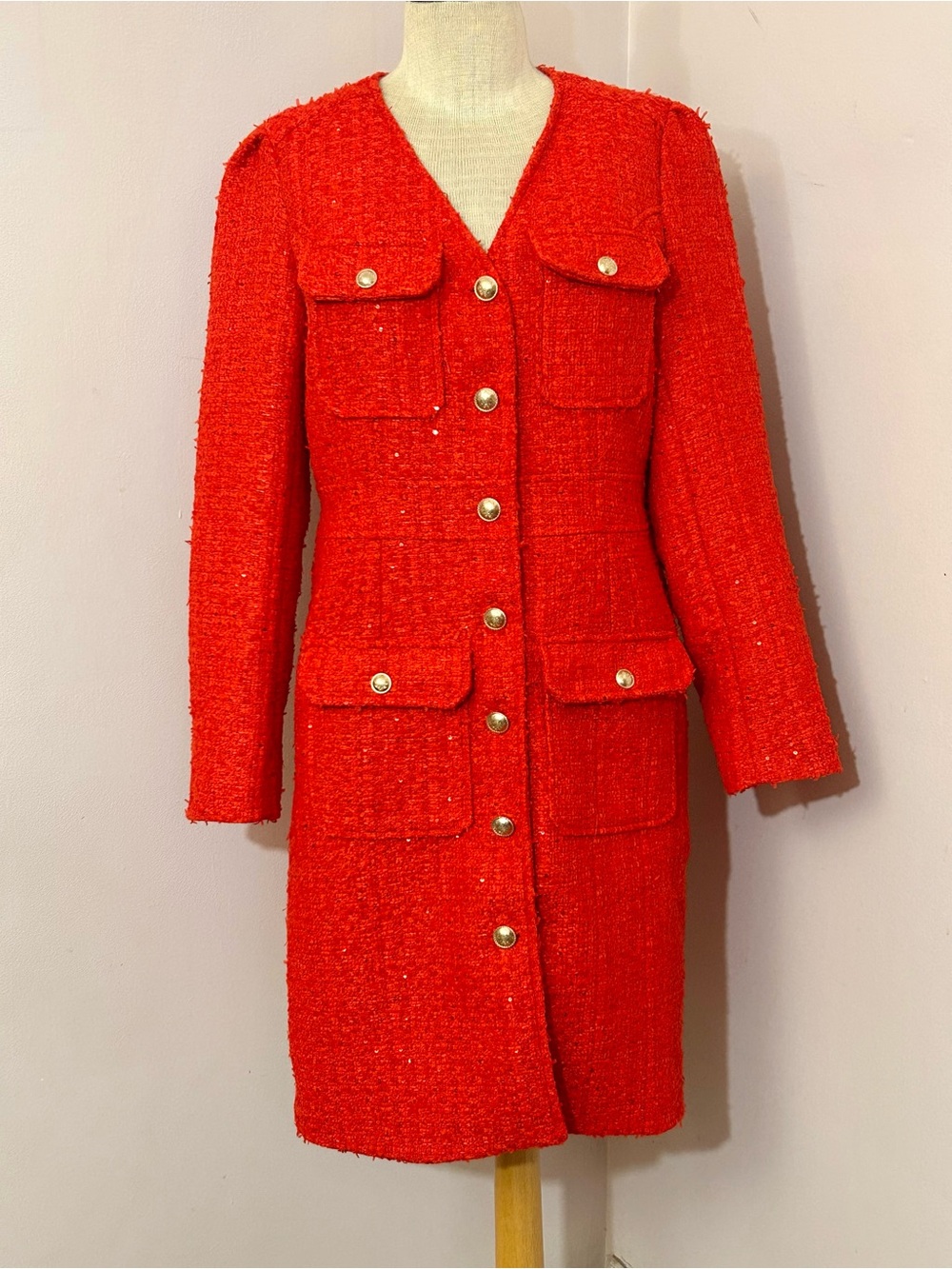 Saks Fifth Avenue Red Tweed Long Jacket Dress M